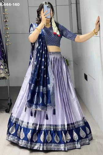 light lavender silk blend brasso lehenga choli with navy blue dupatta