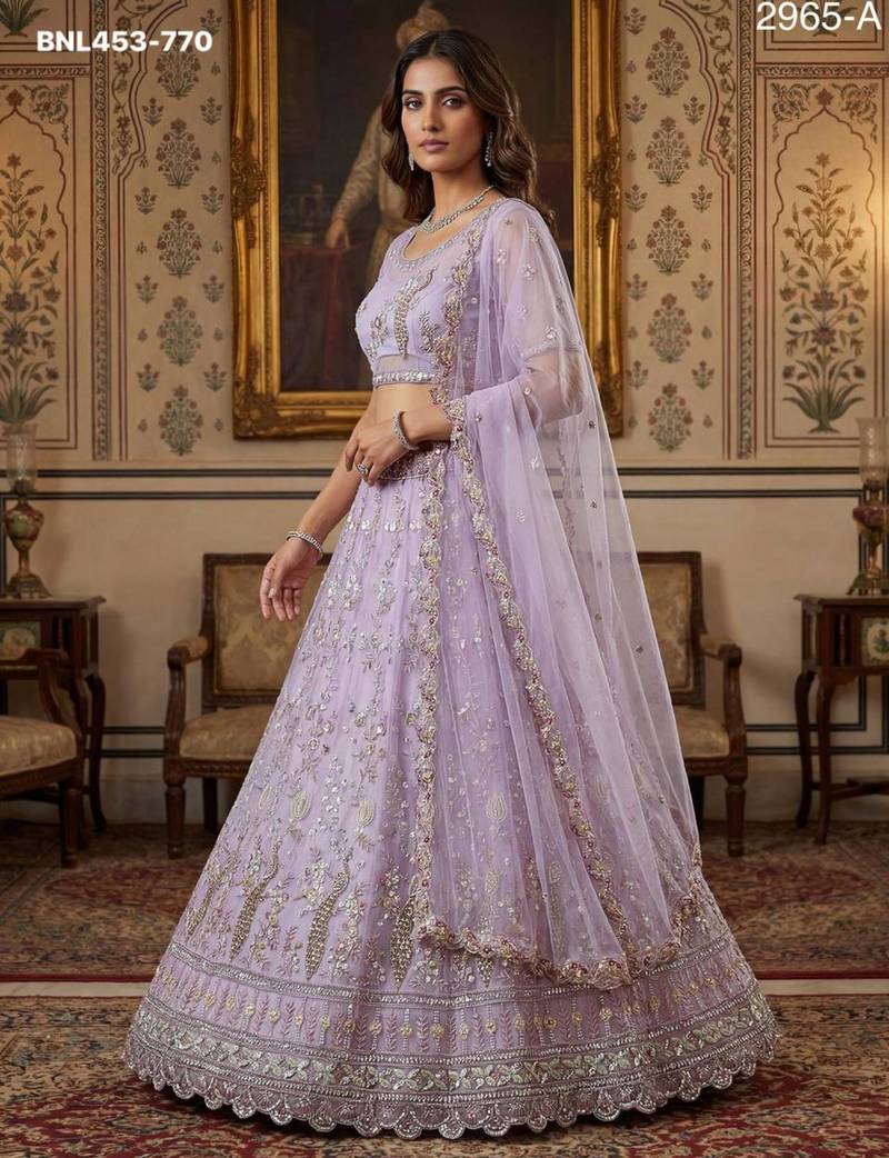 light-lavender net hand_woven lehengas