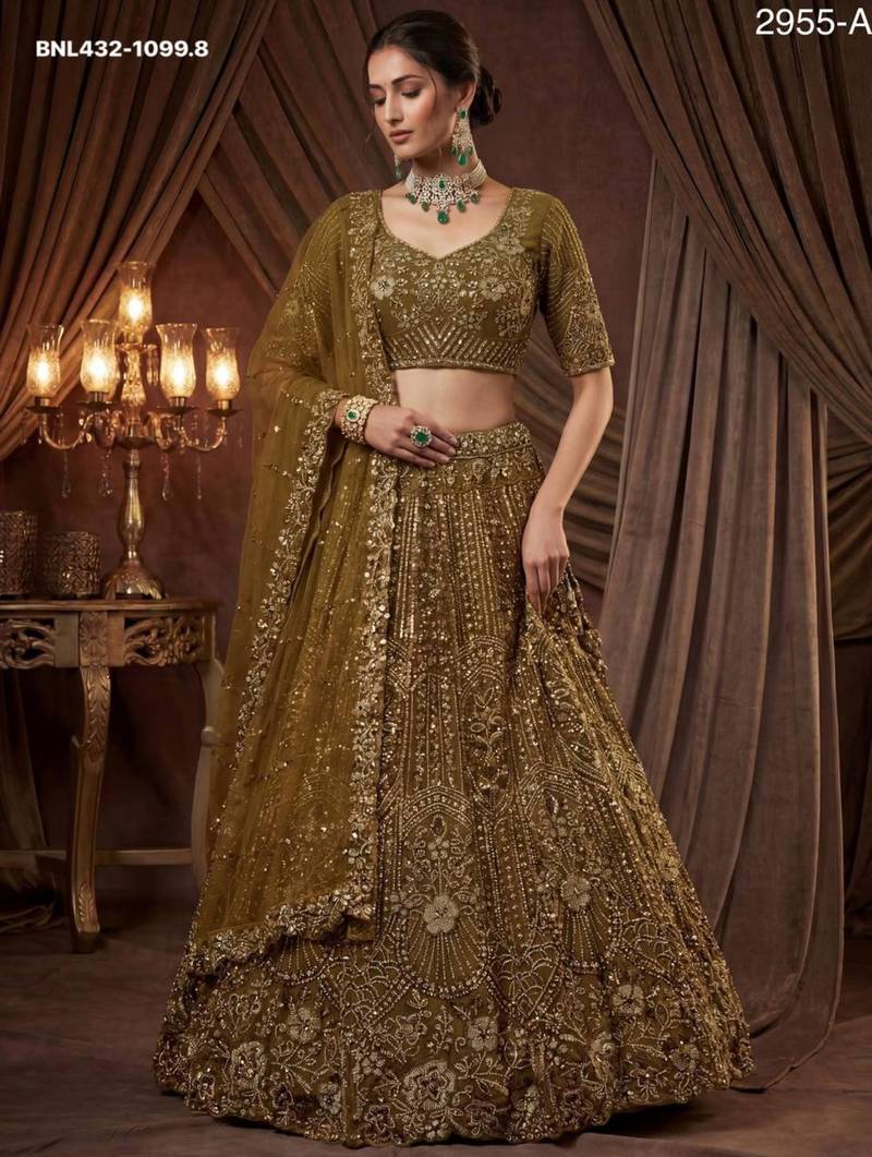 Mehendi green   net embroidered lehengas