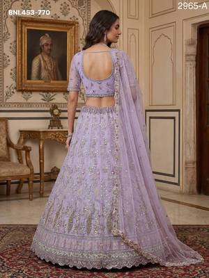 light lavender net hand woven lehenga choli with dupatta 3