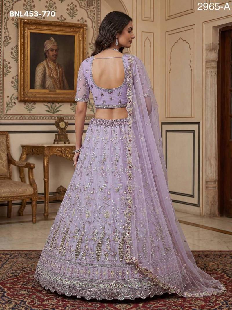 light-lavender net hand_woven lehengas