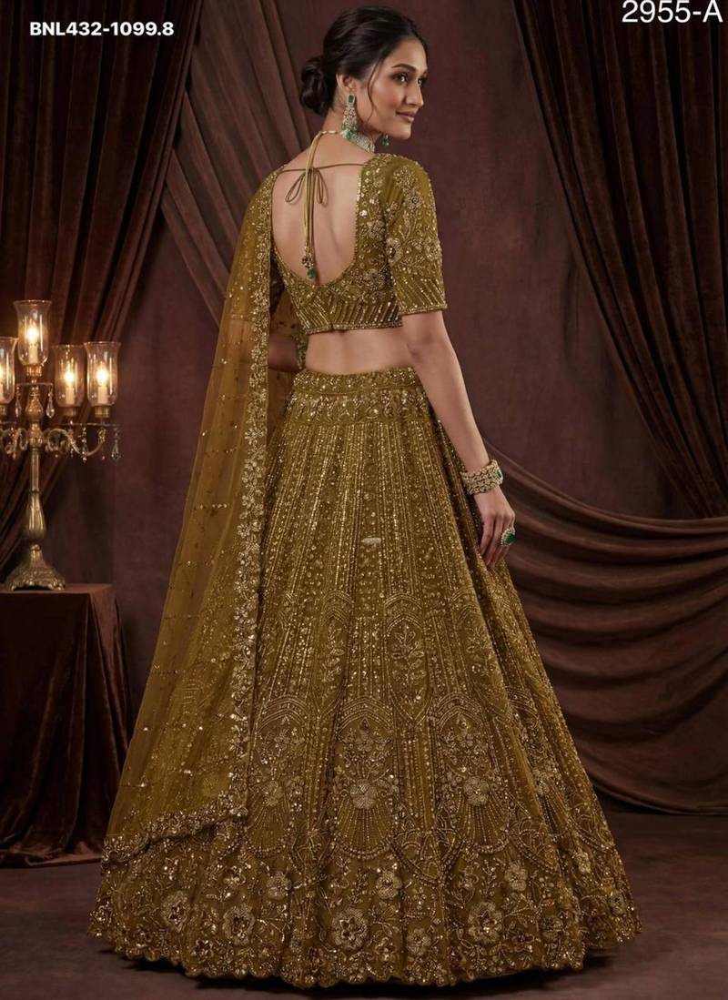 Mehendi green   net embroidered lehengas