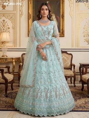 light sea green net hand woven lehenga choli with dupatta 1
