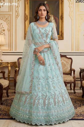 light sea green net hand woven lehenga choli with dupatta