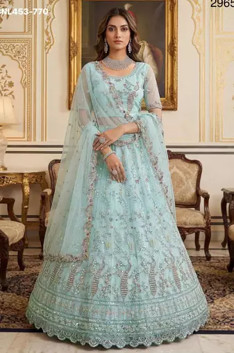 light-sea-green net hand_woven lehengas