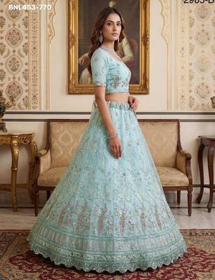 light sea green net hand woven lehenga choli with dupatta 2