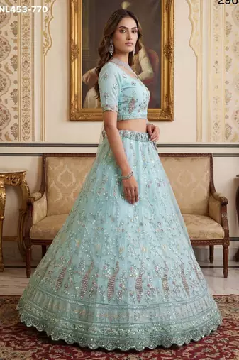 light sea green net hand woven lehenga choli with dupatta