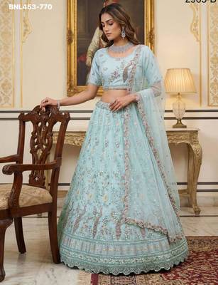 light sea green net hand woven lehenga choli with dupatta 3