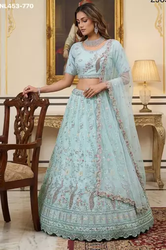 light sea green net hand woven lehenga choli with dupatta