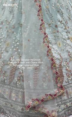 light sea green net hand woven lehenga choli with dupatta 4