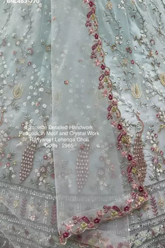 light sea green net hand woven lehenga choli with dupatta