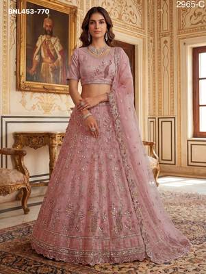 light baby pink net hand woven lehenga choli with dupatta 1