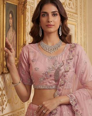 light baby pink net hand woven lehenga choli with dupatta 2