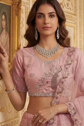 light baby pink net hand woven lehenga choli with dupatta
