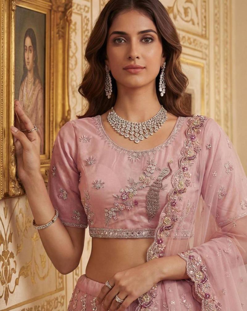 light-baby-pink net hand_woven lehengas