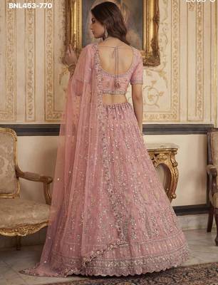 light baby pink net hand woven lehenga choli with dupatta 3