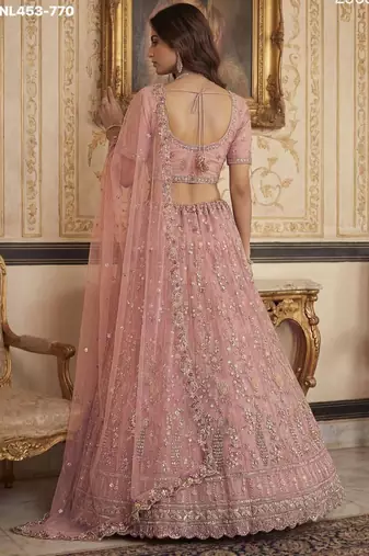 light baby pink net hand woven lehenga choli with dupatta
