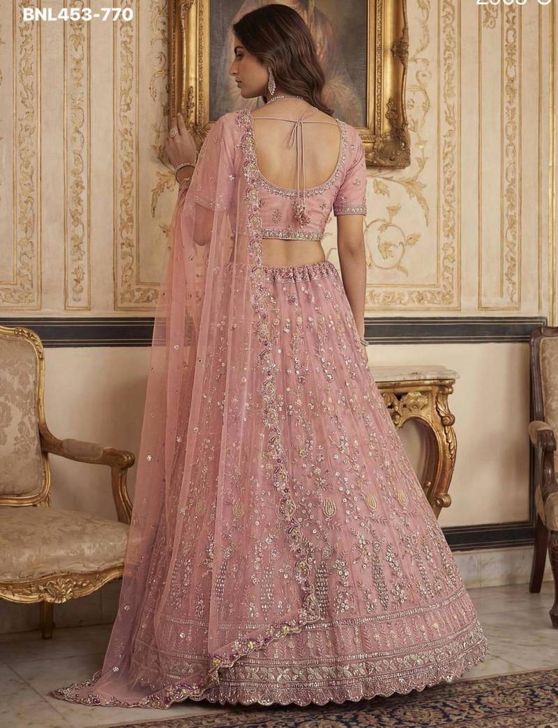 light-baby-pink net hand_woven lehengas
