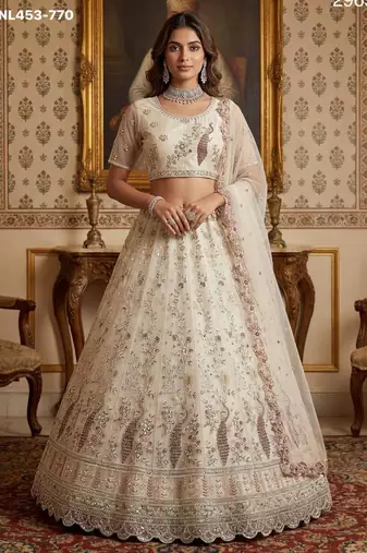light off white net hand woven lehenga choli with dupatta