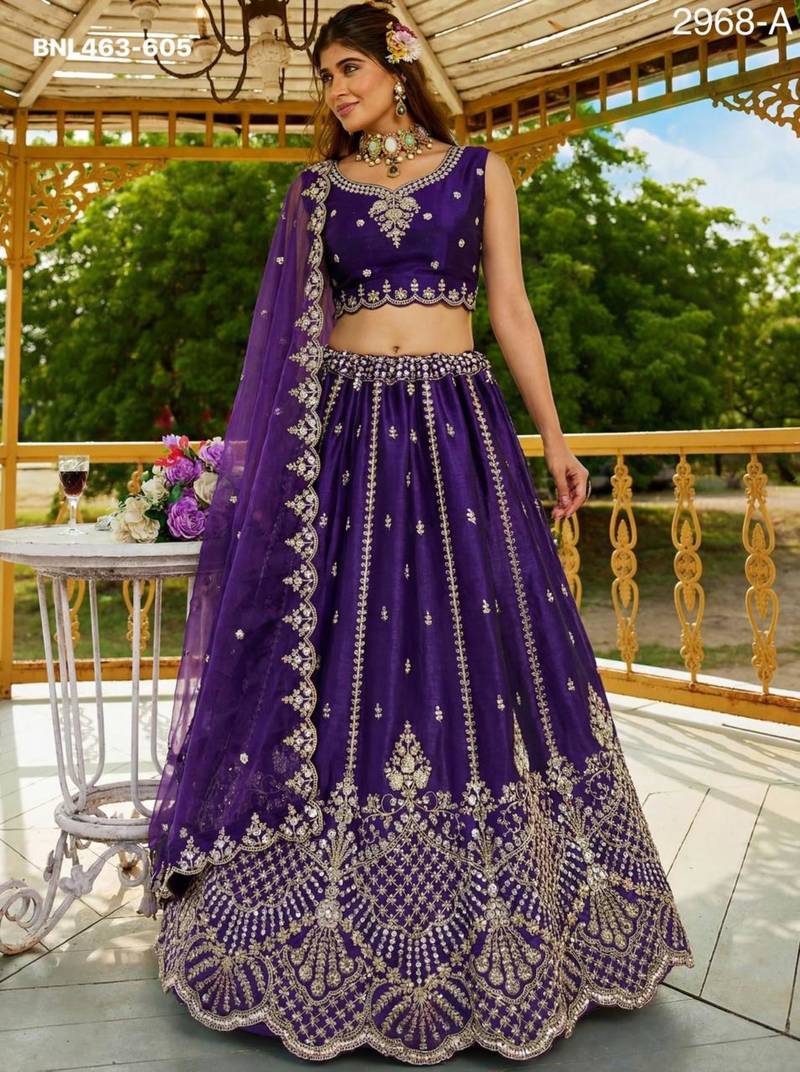 purple satin hand_woven lehengas