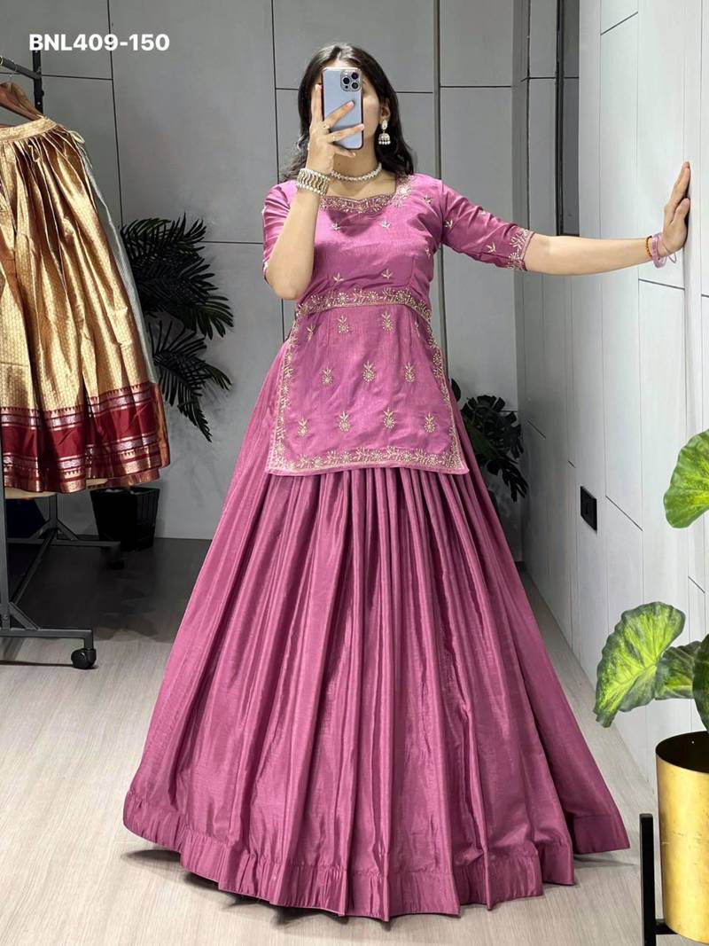 pink chinon plain lehengas