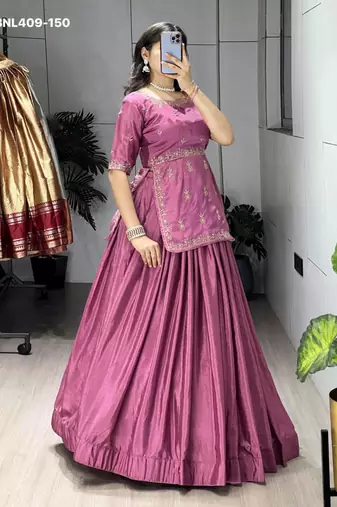pink plain chinon lehenga choli