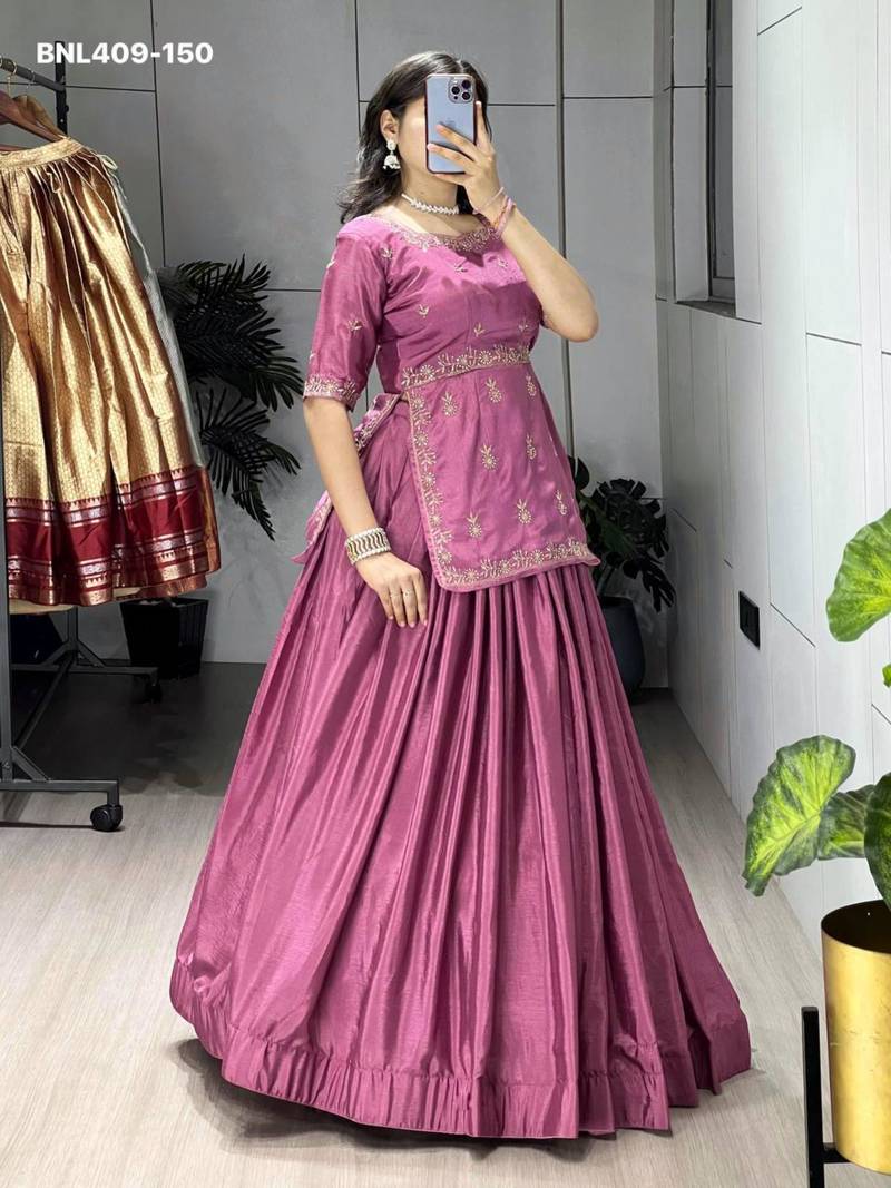 pink chinon plain lehengas