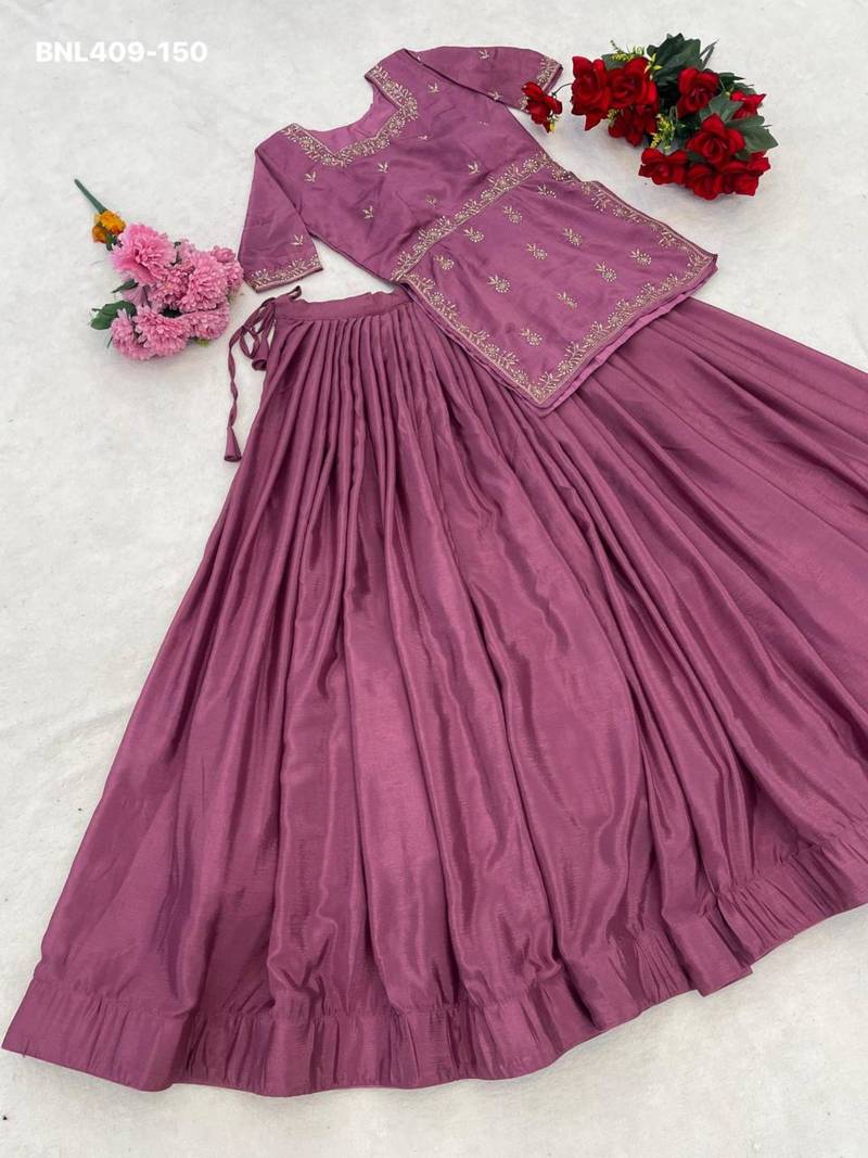pink chinon plain lehengas