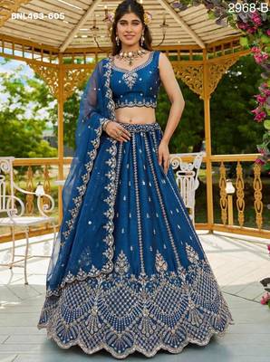 navy blue satin hand woven lehenga choli with dupatta 1