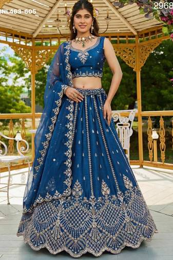 navy blue satin hand woven lehenga choli with dupatta