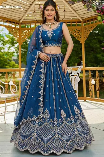 navy-blue satin hand_woven lehengas