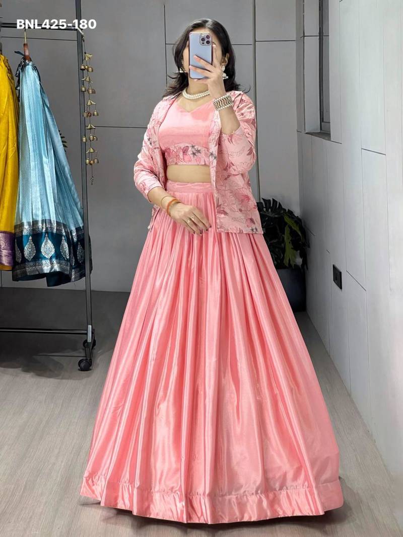 pink chinon plain lehengas