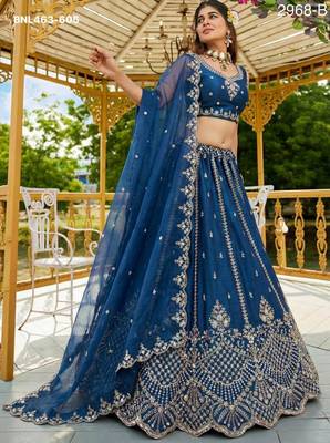 navy blue satin hand woven lehenga choli with dupatta 2