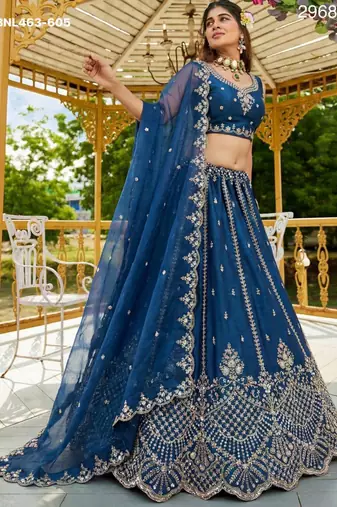 navy blue satin hand woven lehenga choli with dupatta