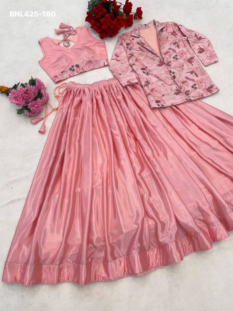 pink chinon plain lehengas