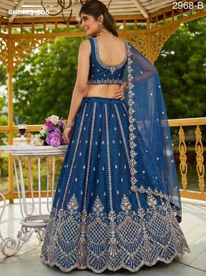 navy blue satin hand woven lehenga choli with dupatta 3