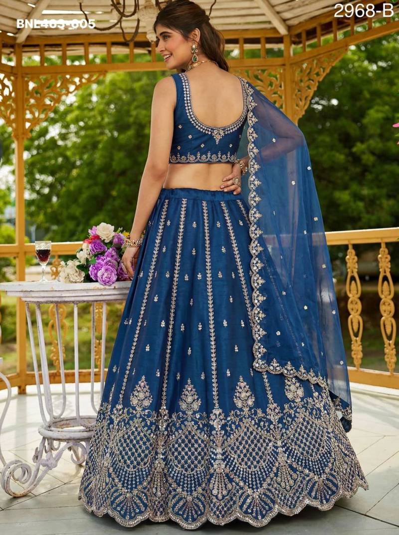 navy-blue satin hand_woven lehengas