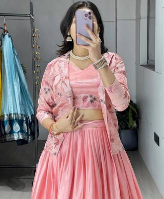 pink chinon plain lehenga choli 4