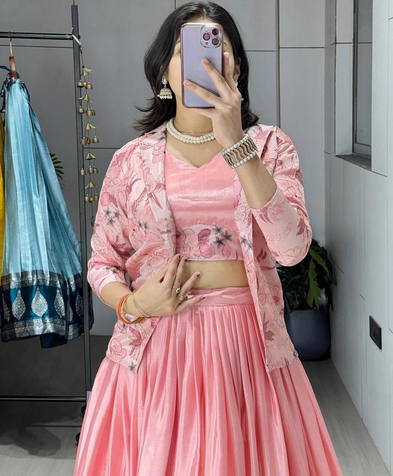 pink chinon plain lehengas
