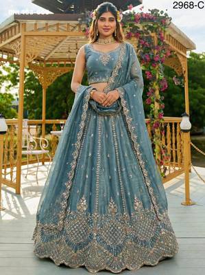 cobalt blue satin hand woven lehenga choli with dupatta 1