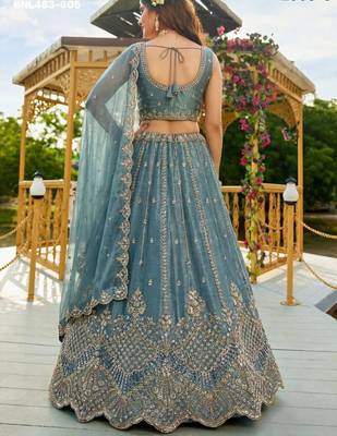 cobalt blue satin hand woven lehenga choli with dupatta 2