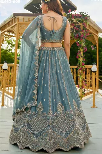 cobalt blue satin hand woven lehenga choli with dupatta