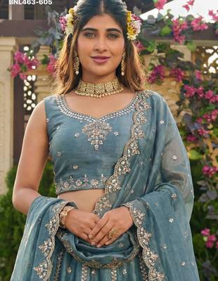 cobalt blue satin hand woven lehenga choli with dupatta 4