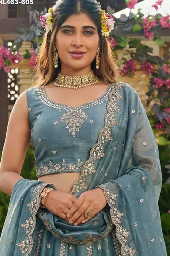 cobalt blue satin hand woven lehenga choli with dupatta