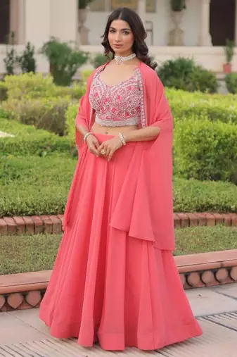 peach georgette plain lehengas