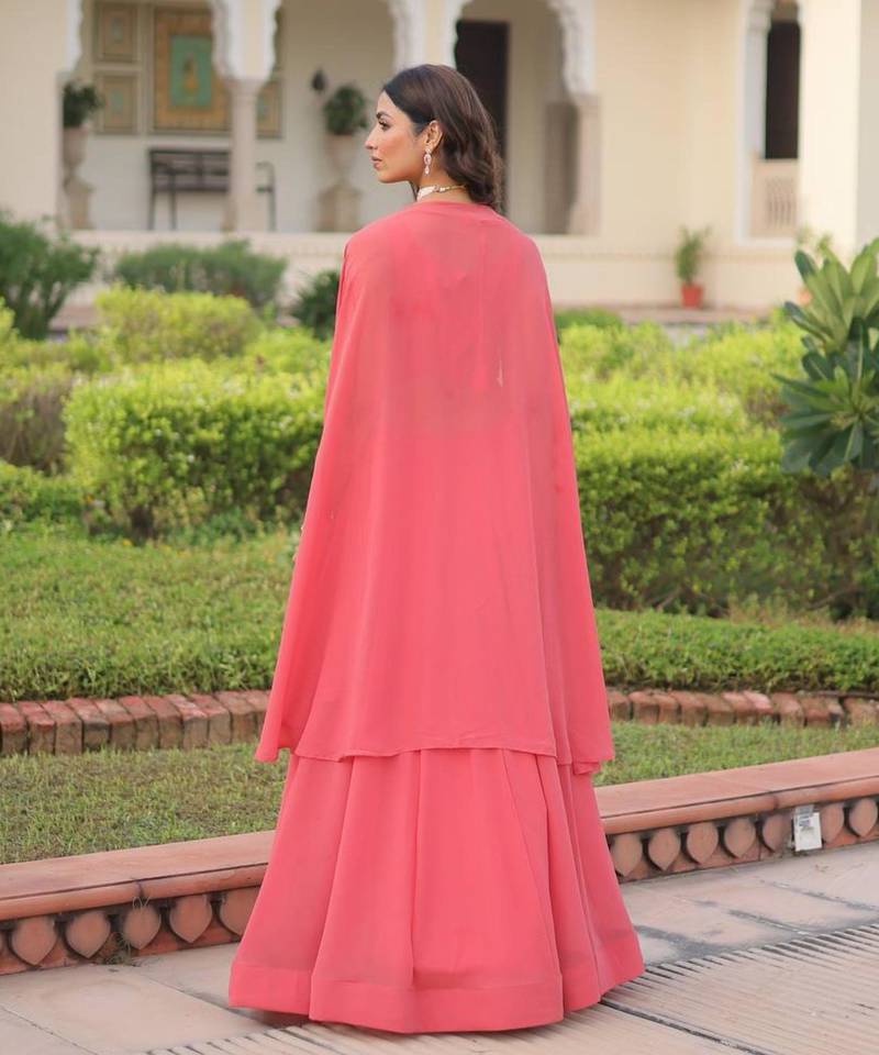 peach georgette plain lehengas