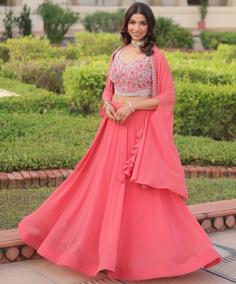 peach georgette plain lehengas