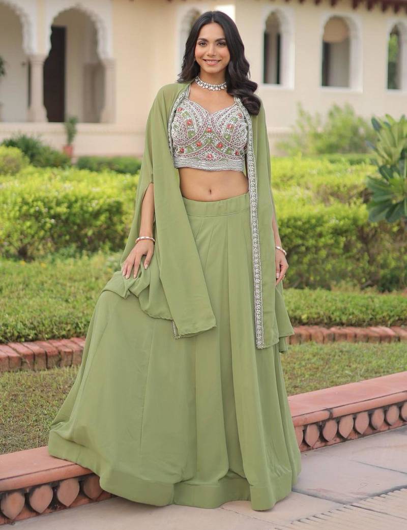 light-olive georgette plain lehengas