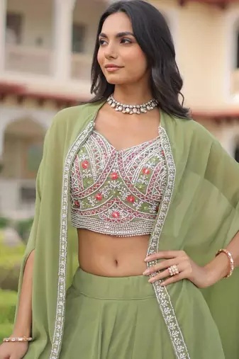 light olive georgette plain lehenga choli with dupatta