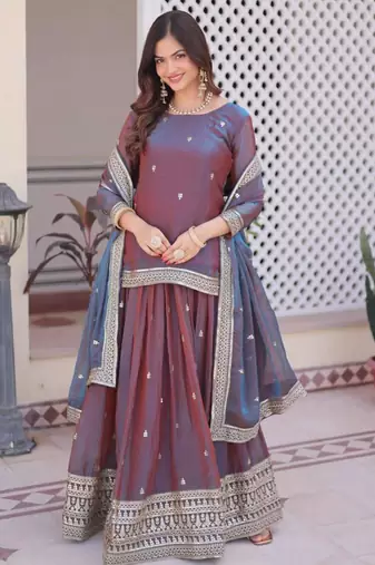 mauve chiffon embroidered lehenga choli with dupatta